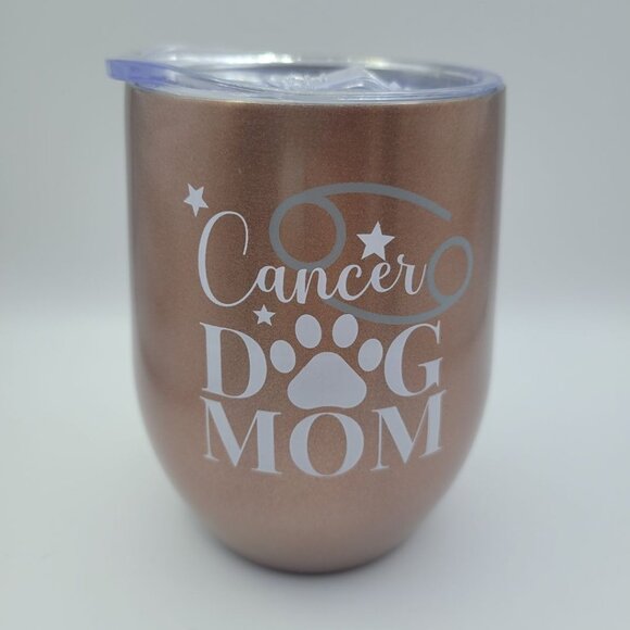 Dog Mom Cancer Wine Tumbler Short Rose Gold Shiny Astrology Sign Stars Paws - Picture 1 of 10